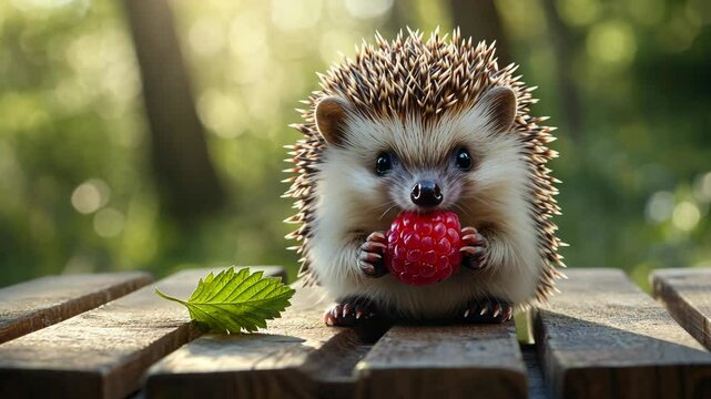A tiny hedgehog holding a raspberry, sitting on a wooden surface in a sunlit forest clearing
