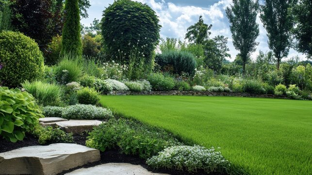 Lush green garden with stepping stones and blooming flowers