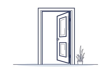 A modern line art icon an open door, symbolizing entry and welcome, isolated on a pure white background with sleek, sharp lines, designed for UI purposes