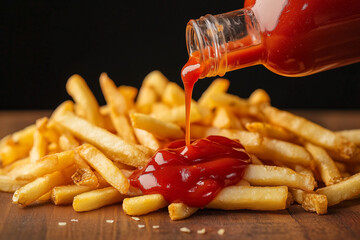 Glass ketchup bottle dripping ketchup over a pile of French fries