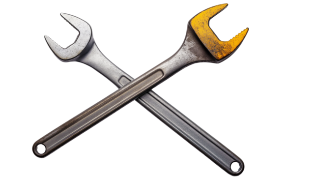 Industrial wrench and screwdriver crossed, heavy-duty repair tools, mechanics and engineering concept, isolated on a white background -