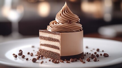 Chocolate mousse cake dessert, restaurant, bokeh, delicious