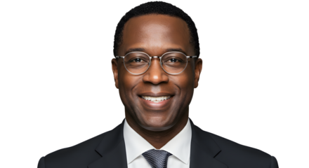 Portrait of a handsome, smiling businessman wearing glasses, isolated on transparent background, cut out