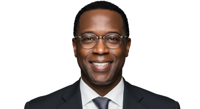 Portrait of a handsome, smiling businessman wearing glasses, isolated on transparent background, cut out