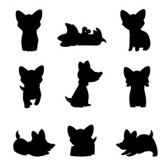 Puppy silhouettes. Black dog silhouettes in various playful and relaxed poses. Includes sitting, running, and lying down positions. Minimalistic flat vector illustrations set isolated on transparent.