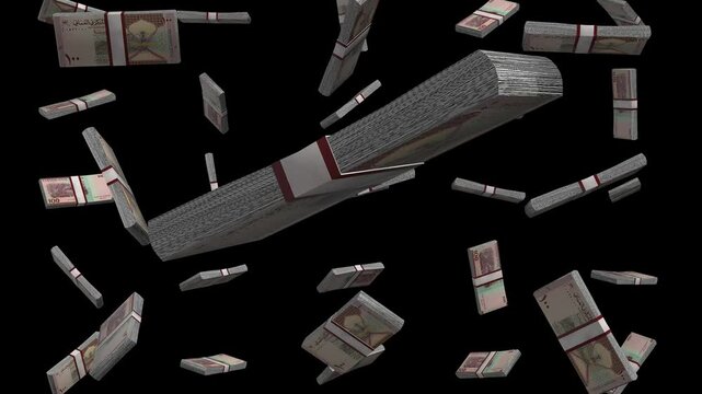 100 Baisa Oman Falling Animation Stacks Of Money on Black Screen