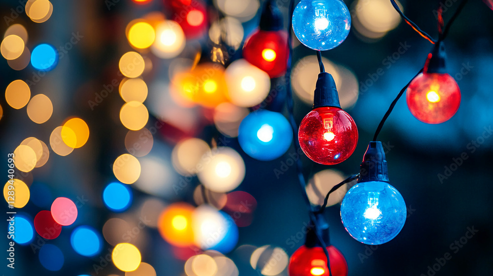 Poster close-up of christmas tree lights in red, blue, and yellow glowing with a bokeh background, creating