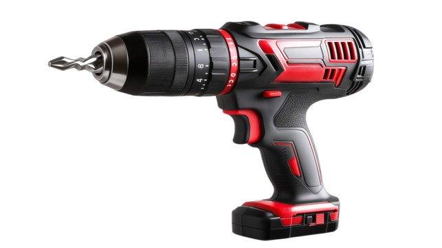 Professional cordless drill with metallic details, modern power tool, DIY and construction concept, isolated on a white background 