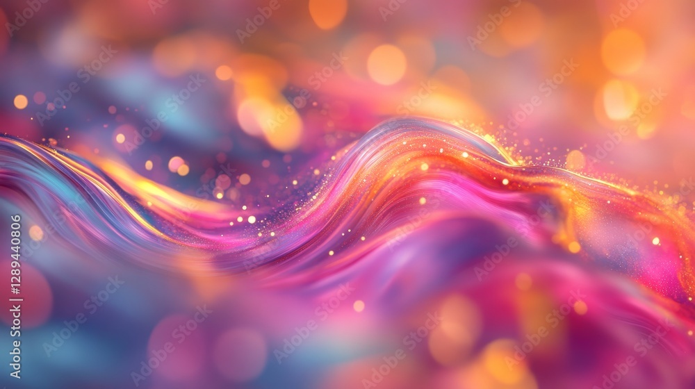 Poster flowing abstract art shows swirling colors and sparkling bokeh lights