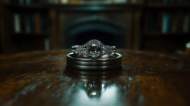 A close-up of the couple wedding rings placed on a wooden table with soft natural lighting