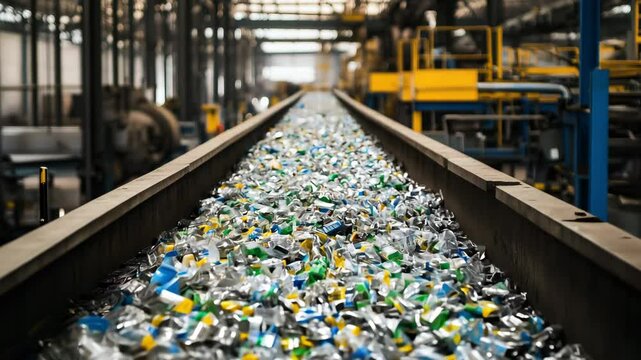 A recycling facility processes sorted plastic materials on a conveyor belt for environmentally conscious disposal and reuse