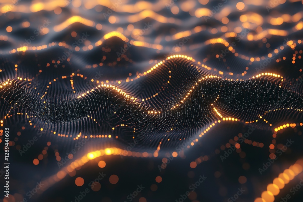 Poster neural network visualizes glowing synapses expanding across a digital landscape at twilight