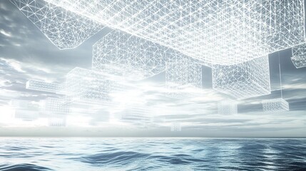 A multi-layer suspended polygonal design with glowing white grids and intricate fractal patterns refracted through a prismatic ocean landscape.