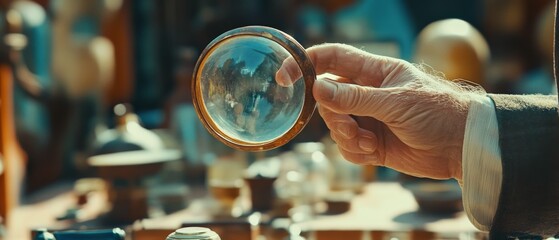 A vintage magnifying lens gleams in warm sunlight, capturing a vibrant market reflection, invoking curiosity and exploration.