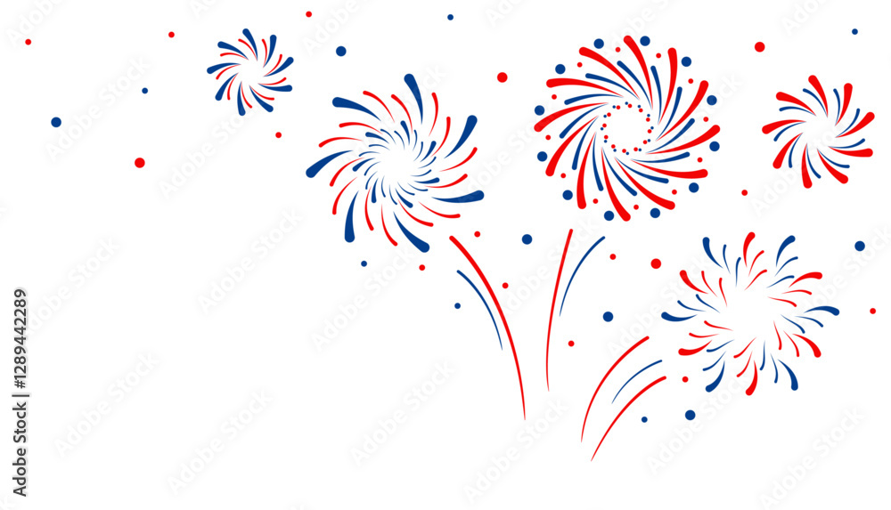 Aufkleber Firework vector icons set isolated on transparent background with copy space. Celebrate 4th of July banner. Red, blue, white usa flag color firework border, firecracker frame.