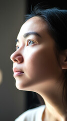 Fototapeta premium Woman gazing thoughtfully out of a window in natural light during the afternoon