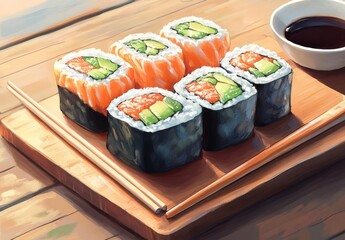 Freshly Prepared Sushi Rolls with Salmon, Avocado, and Seaweed Served on a Wooden Board with Soy Sauce for a Delicious Culinary Experience