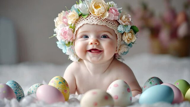 Adorable baby with floral hat plays amongst colorful easter eggs in cheerful indoor setting