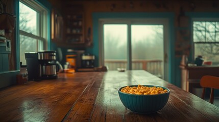 Cozy cabin kitchen, pasta bowl, rainy day, breakfast