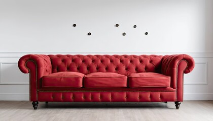 close-up detail of a red Chesterfield sofa. Rich velvet texture, intricate button tufting, and sturdy wooden legs. Shows the quality and beauty of the sofa craft.
