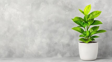 Green plant in white pot against grey wall; home decor (1)