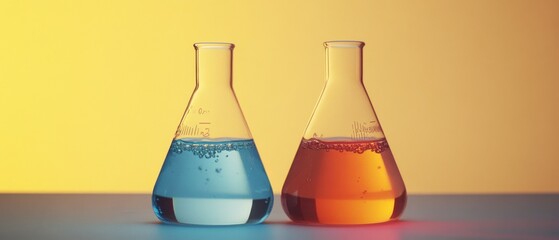 Two chemical flasks, one with blue liquid and the other with orange, sit on a surface against a warm gradient backdrop.