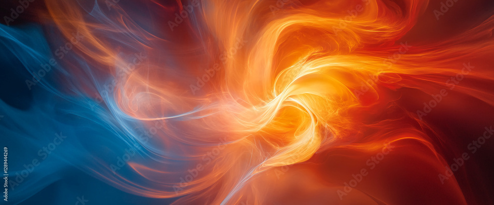Poster abstract fluid mix of orange and blue, with dynamic swirls and soft blends representing energy, moti