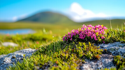 Obraz premium Pink flowers bloom on mountain rock, lake background. Nature postcard