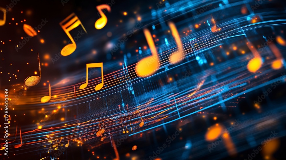 Poster musical scale reflecting notes in vibrant colors amidst a dynamic wave pattern with a resonant feel