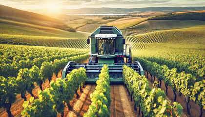 High-tech grape harvester working in a sprawling vineyard at sunset.