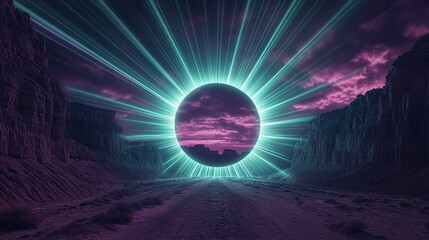 A radiant circular grid portal stretching horizontally through a serene desert