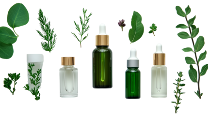 Organic skincare products, set of natural cosmetic bottles with herbal elements, beauty and wellness theme, isolated on a white background