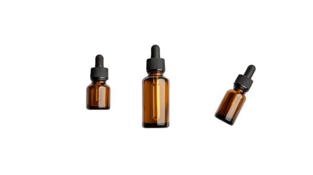 Organic skincare products, set of natural cosmetic bottles with herbal elements, beauty and wellness theme, isolated on a white background