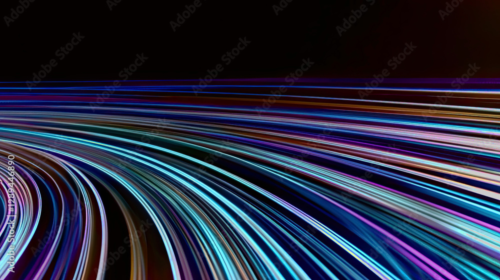Poster curved laser beams extend through a dark environment, illustrating dynamic movement and energy