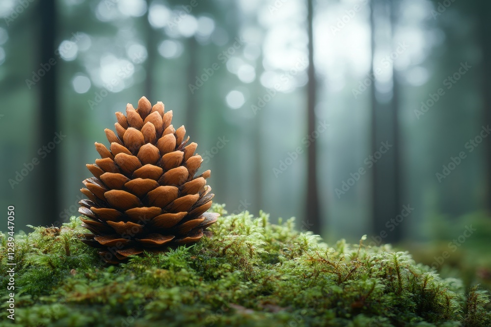 Poster pine cone resting on lush green moss in a tranquil forest setting during the early morning light