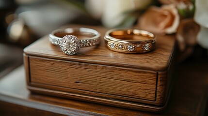 A close-up of wedding rings placed on a wooden box engraved with the couple initials