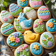 Pastel-colored Easter egg cookies decorated with delicate floral designs and intricate patterns, arranged on a white surface