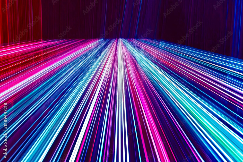 Poster curving laser beams streaking across a dark space showcasing dynamic energy and movement