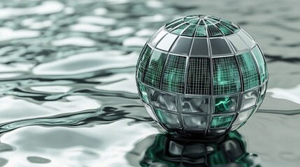 A reflective glassy digital sphere dissected into segments with emerald and silver grids