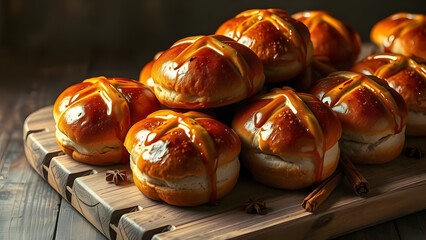 Golden hot cross buns gleam on a wooden board, with cinnamon and star anise, inviting a taste of tradition