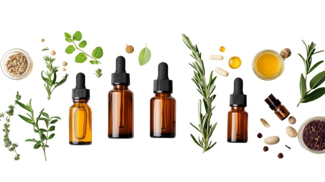 Organic skincare products, set of natural cosmetic bottles with herbal elements, beauty and wellness theme, isolated on a white background