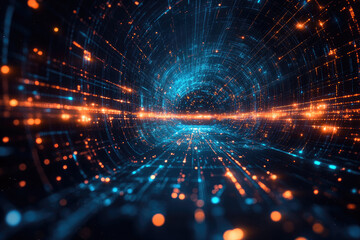 Obraz premium Airplane flying through illuminated data streams, representing a global logistics network, advanced transportation, and international trade connectivity. banner,, copy space, mock up