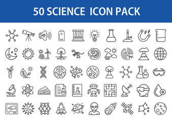 50 Science Line Icons Collection Pack - A set of 50 minimalist science icons in line style, featuring chemistry, physics, biology, astronomy, and technology symbols on a white background.