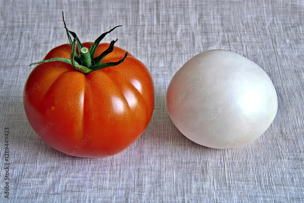 Aufkleber exploring the contrast between a ripe tomato and a smooth white egg on a textured backdrop