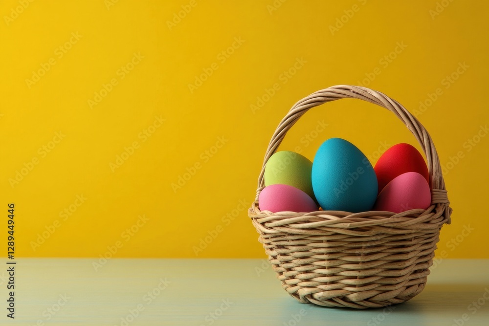 Poster easter concept: easter eggs in a basket on a table against a yellow background with copy space, in a