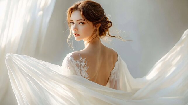 A bride in a serene minimalist room, wearing an elegant white gown, ideal for wedding invitations, bridal magazines, or romantic event promotions.