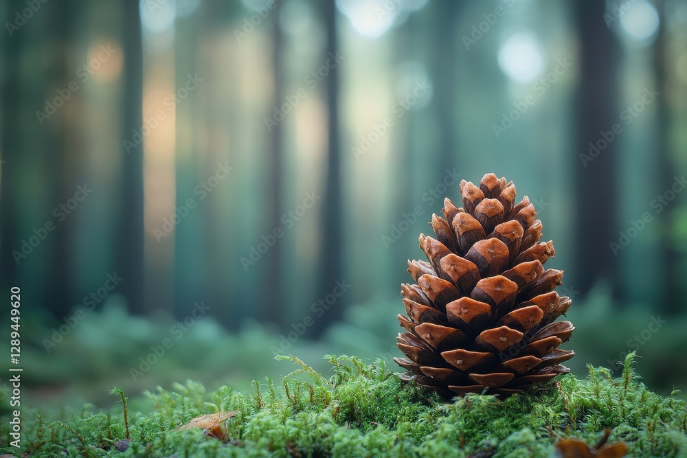 Poster pine cone resting on lush green moss in a tranquil forest setting during the early morning light