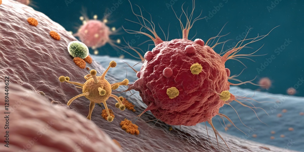 Poster microscopic battle: a captivating microscopic view of a cellular interaction, illustrating the intri