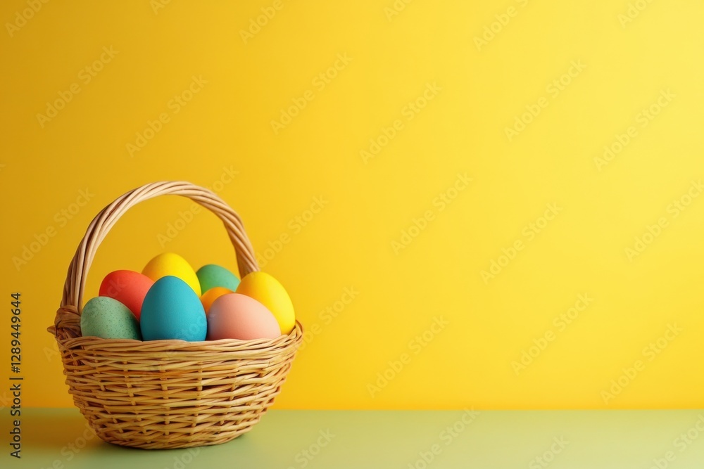 Poster easter basket with colorful eggs on a table against a yellow background, with space for copy generat
