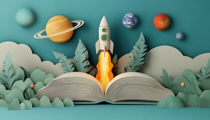 Open Book Rocket Launch, Planets, Clouds, Imagination
